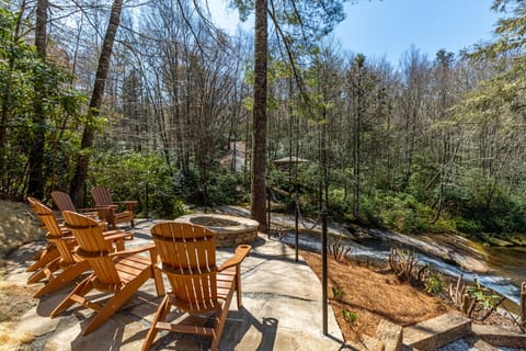 Large Stone Firepit next to the waterfall 
