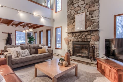 Two story vaulted ceiling with lots of windows for natural light & woodsy views 