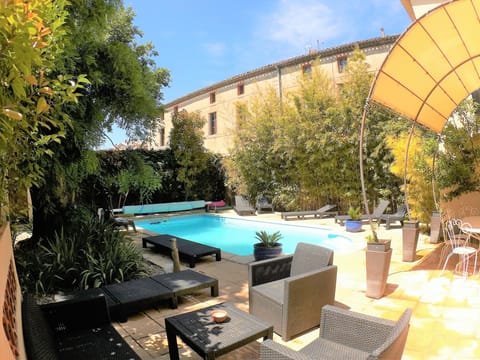 Seasonal outdoor pool, sun loungers
