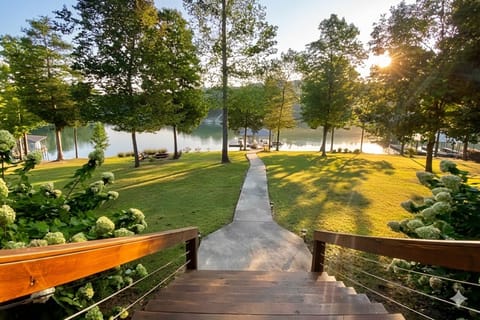 Looking towards lake from back patio, over the backyard.