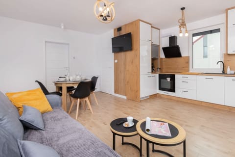 An open concept living and kitchen area with light wood finishes, a gray sofa, and dining furniture.