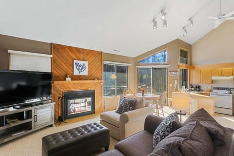 Seating, smart tv, fireplace, and access to outside area