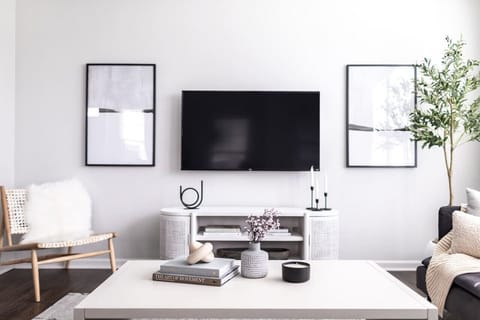 Bright, modern living room with 55` 4K smart TV.(Cary, North Carolina long-term stay furnished rental)(Cary, North Carolina executive furnished rental)