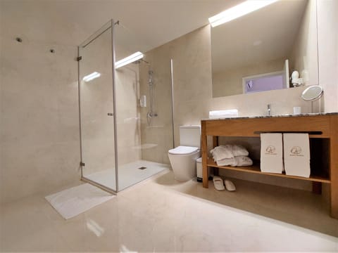 Panoramic Double Room, 1 Queen Bed, Mountain View, Mountainside | Bathroom | Shower, rainfall showerhead, hair dryer, bathrobes