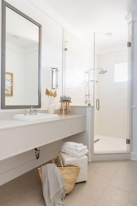 Shower, hydromassage showerhead, designer toiletries, hair dryer