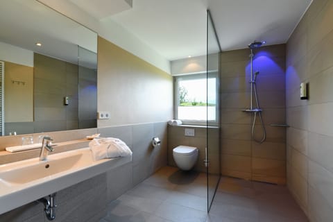 Shower, hair dryer, slippers, towels