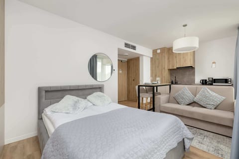 Relax in the stylish living area with a comfortable sofa and modern decor.