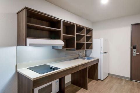 Full-size fridge, microwave, stovetop, freezer