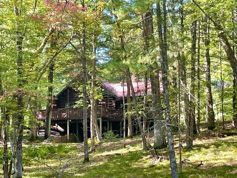 View of the cabin from the hiking trails. Fox Loop Trail at Voyager Village