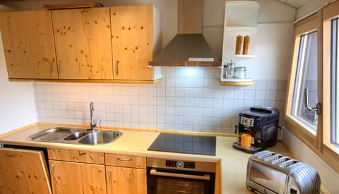 fully equipped kitchen with induction hob, oven, fully automatic coffee machine, Dualit toaster and more