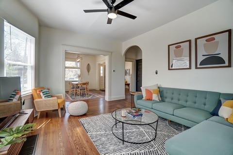 Living room with TV (includes streaming services) and family board games