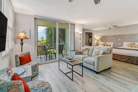 The living area flows easily into the comfortable sleeping space.