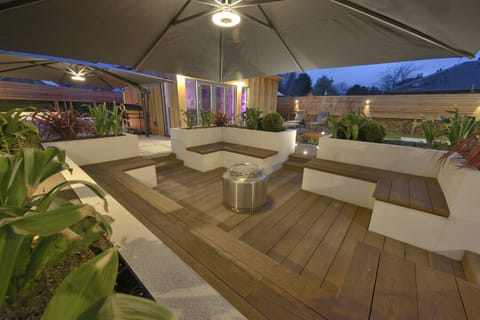 Garden sitting area in evening