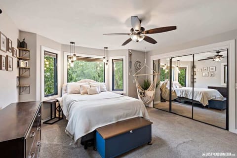3 large closet mirrors for getting ready! And swing chair to relax with a book or tablet.