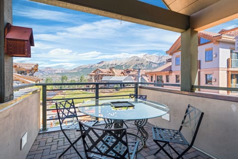 Enjoy mountain views from the balcony.