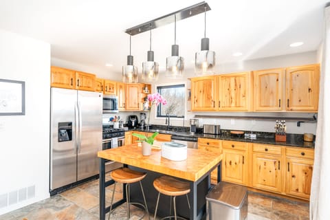 Gas stove, oven, dishwasher, pressure cooker, blender and cooking utensils.