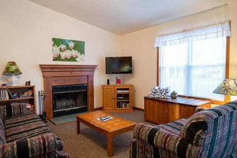 Living room has a tv, cozy fireplace and dining space for eight.