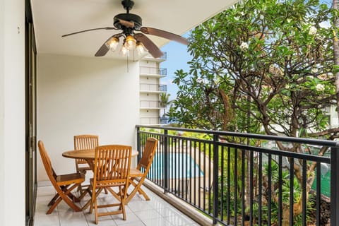 Lanai with garden and pool view