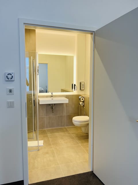 Shower, hydromassage showerhead, free toiletries, hair dryer