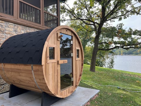 4 - 6 person Redwood Outdoors barrel sauna.
