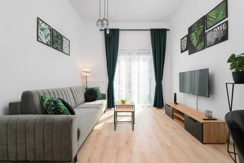 A living room featuring a dark gray sofa, a coffee table, and a TV. Indoor plants and bright lighting create a welcoming ambiance.