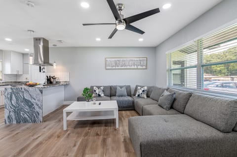 Our beautiful L-shaped couch is big enough to make everyone feel comfortable and relaxed. Make unforgettable memories with family and friends here! Don't hesitate to send us a message! Book now!