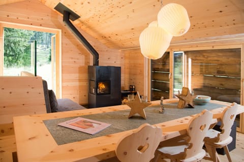 Living area with kitchen and fireplace