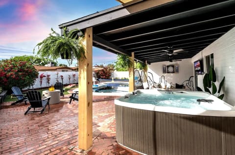 back yard patio with brand new hot tub