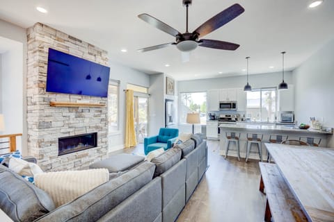 65 inch TV with fireplace.