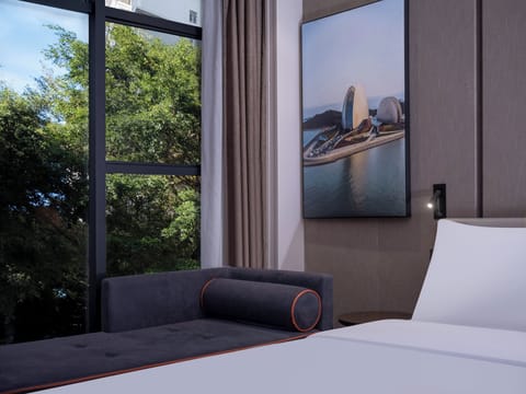 Down comforters, desk, blackout drapes, soundproofing