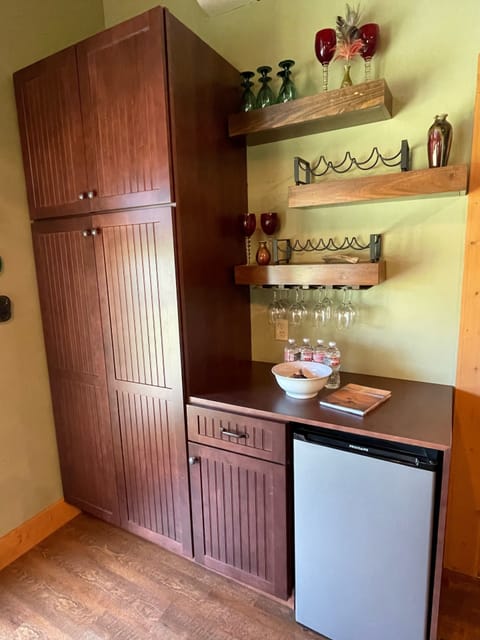 Bar Area with mini fridge, Wine Glass, Drinking Glasses and More