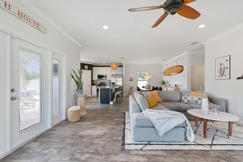 Open living, dining, and kitchen