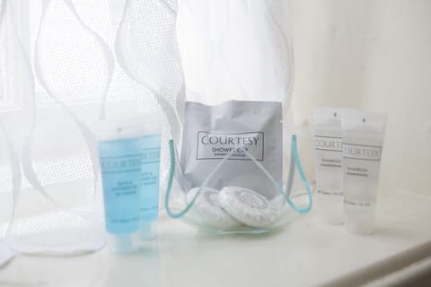 Combined shower/tub, free toiletries, hair dryer, towels