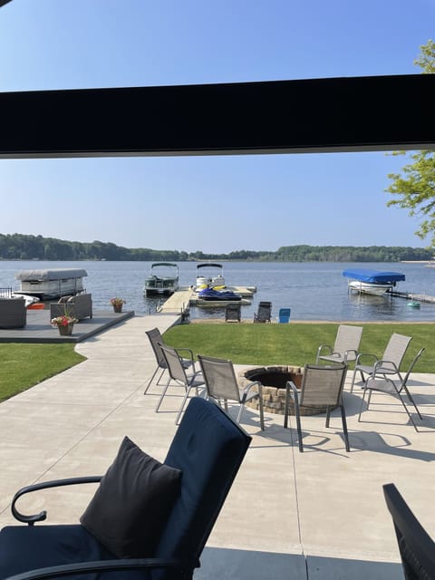 Looking at lake and dock from covered porch
