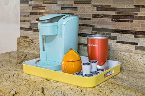 Keurig for coffee and tea, NutriBullet for tropical smoothies