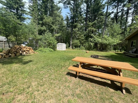 Fire pit and picnic table in backyard