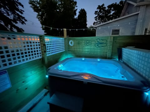 Outdoor hot tub open except for severe conditions. check with us  