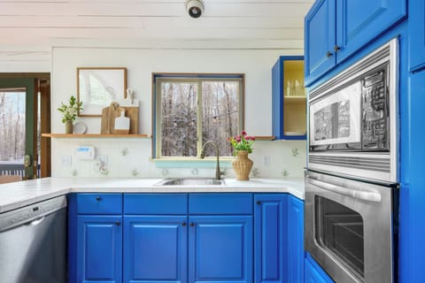 Kitchen features modern appliances and beautiful blue.