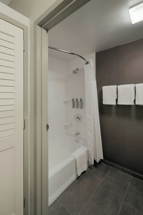 Combined shower/tub, free toiletries, hair dryer, towels