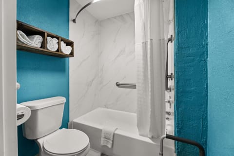 Combined shower/tub, free toiletries, hair dryer, towels