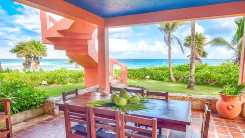 Outside dining area with ocean views