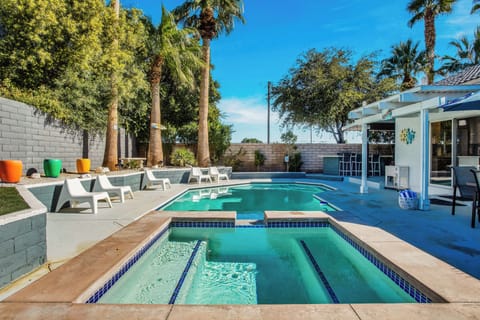 Inviting raised spa overlooking the private pool and palm-lined yard