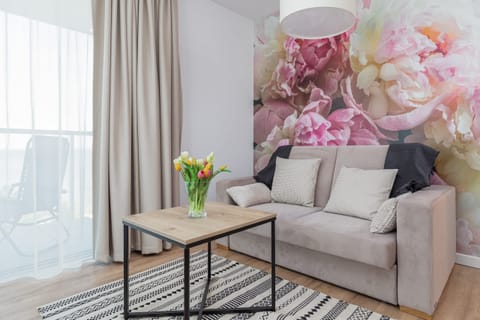 The living room features a sleek coffee table and a flat-screen television.
