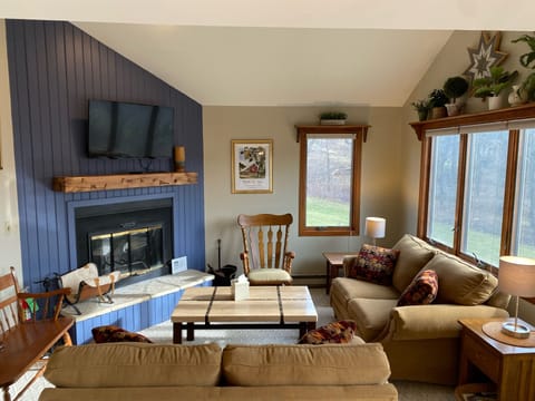 Living room with wood burning fireplace