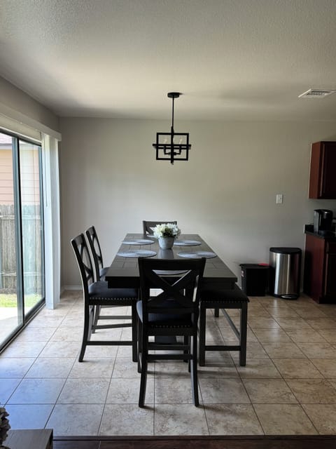 The dining table seats 8 people.