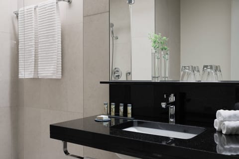 Shower, designer toiletries, hair dryer, towels