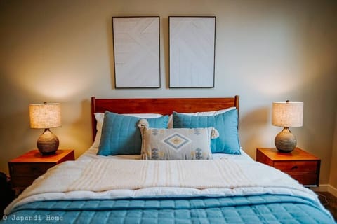 Subtle textures and colors throughout the warm, premium bedding materials