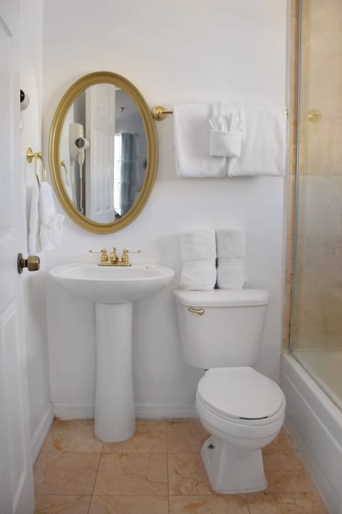 Combined shower/tub, free toiletries, hair dryer, towels