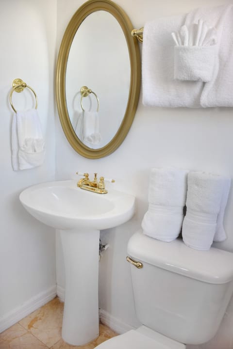 Combined shower/tub, free toiletries, hair dryer, towels