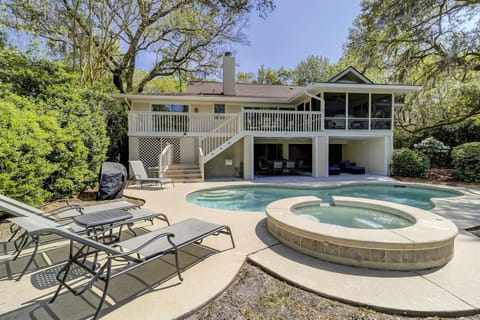 Backyard oasis with heated pool and spa plus brand new entertainment area. 